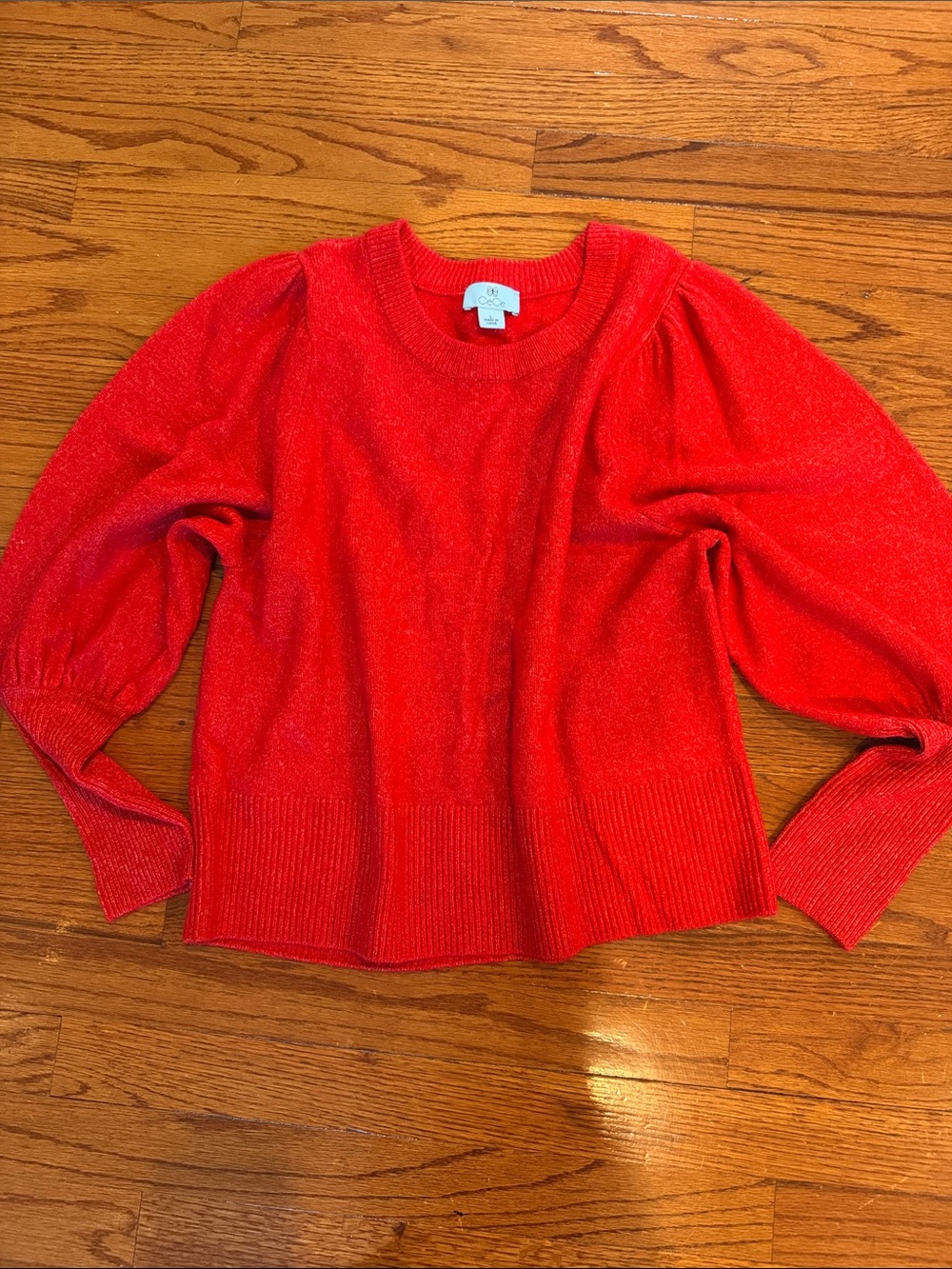 CeCe Red Puff-Sleeve Crewneck Sweater
